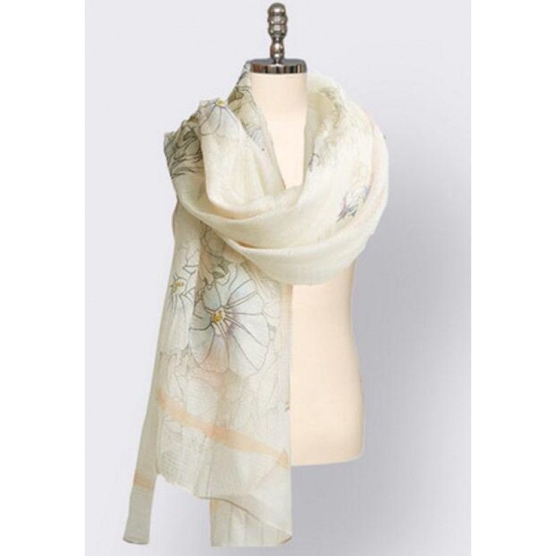 Wool Silk Scaves Beige Embroidery Women Summer Scarf